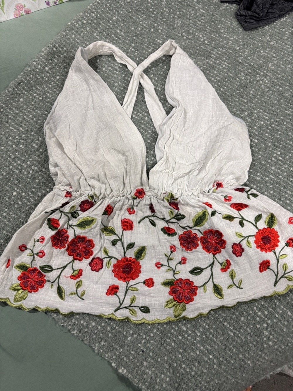 White Embroidered Floral Halter Crop Top